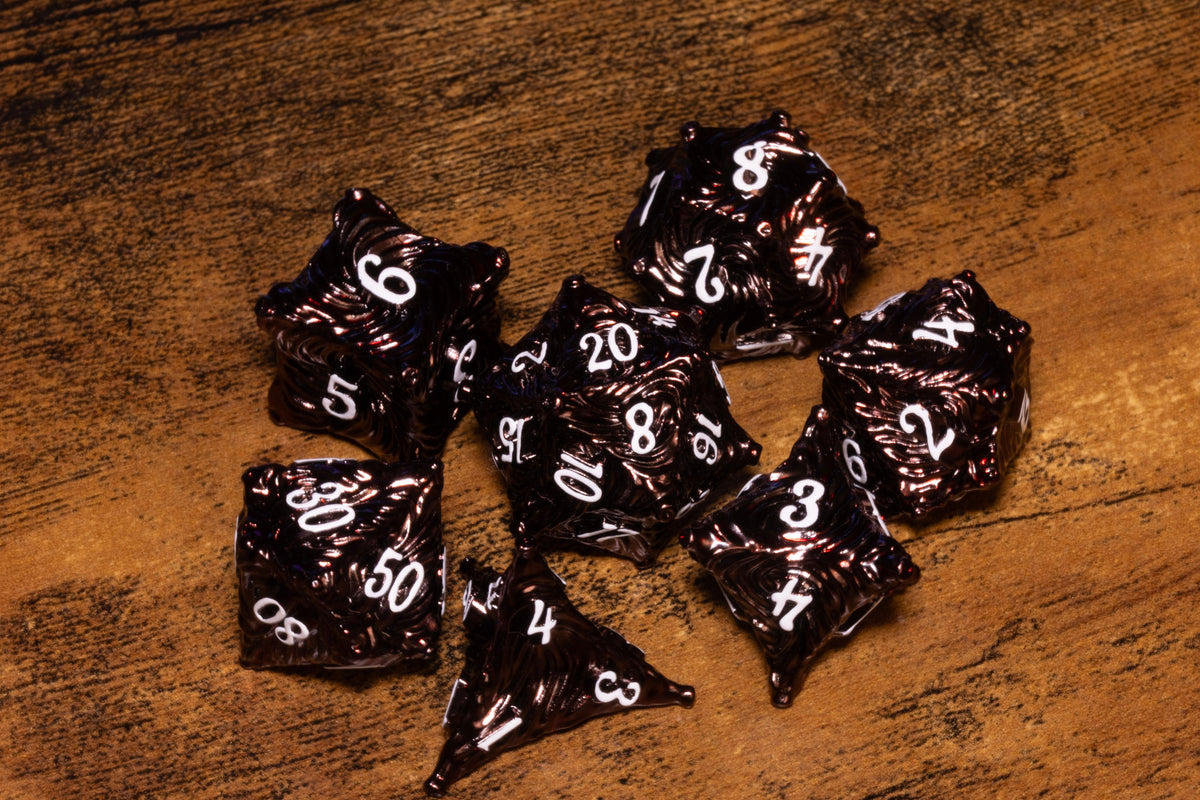 Vortex 7-Piece Metal Dice Set – Dark Red with White Numbers