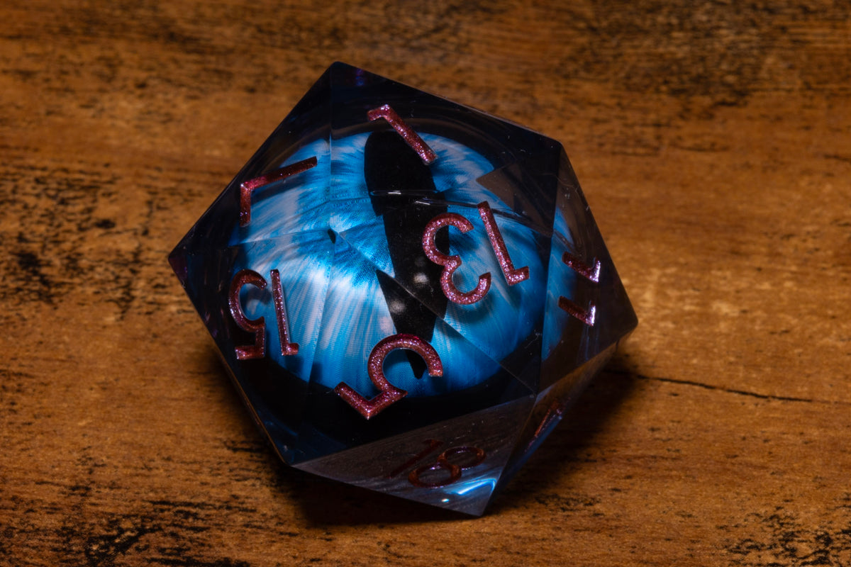 Frost Dragon Eye Liquid Core Oversized D20 – Extra Large D20 with Blue Moving Eye