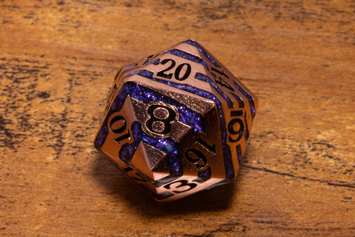 Rift Artifact Metal D20 – Copper with Purple Stripe