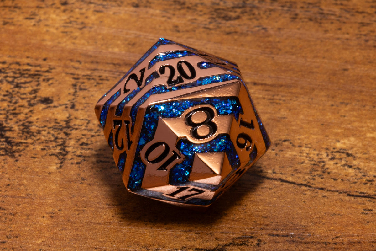 Rift Artifact Metal D20 – Copper with Blue Stripe