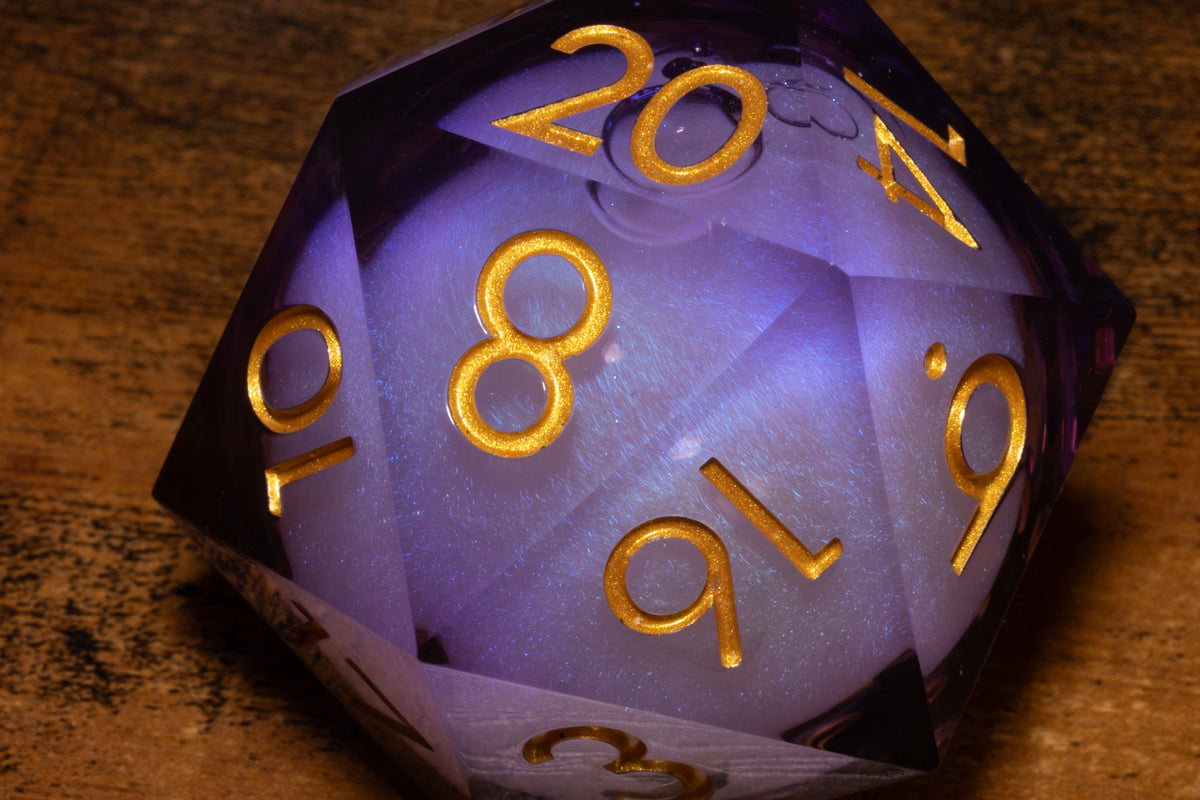 Amethyst Storm Liquid Core Gargantuan D20 – 55mm Chonk D20 with Purple Shimmer Core
