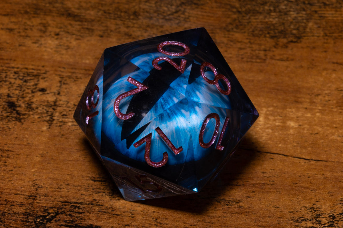 Frost Dragon Eye Liquid Core Oversized D20 – Extra Large D20 with Blue Moving Eye