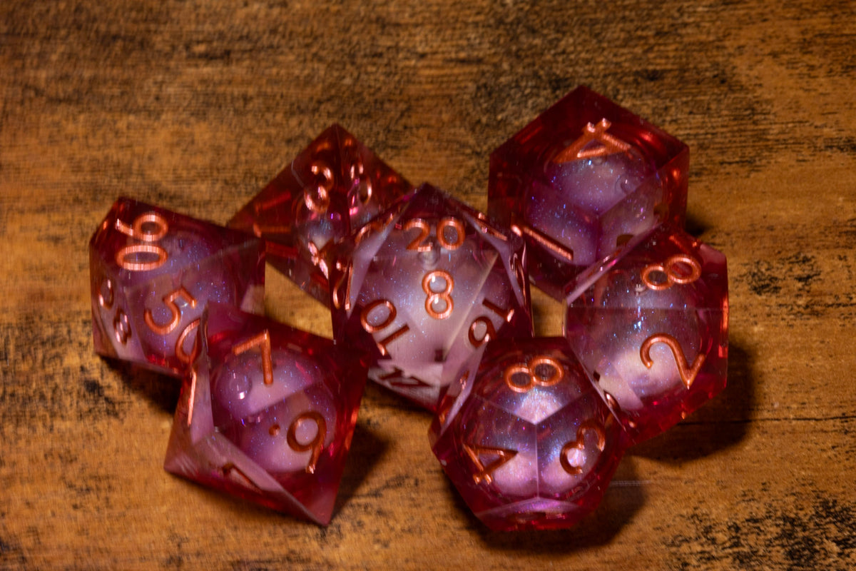 Aether Mist 7-Piece Liquid Core Dice Set – Sharp Edge with Shimmering Pink Core