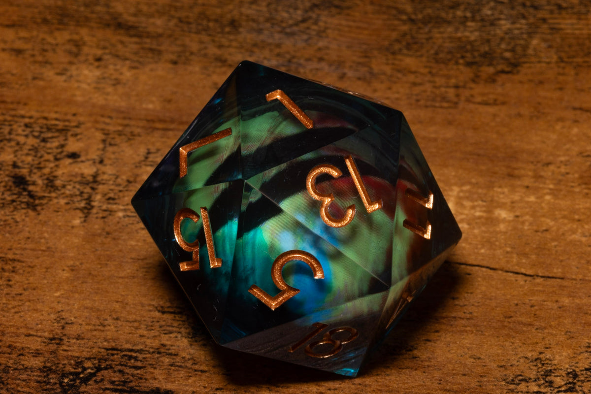 Wyrmfire Dragon Eye Liquid Core Oversized D20 – Extra Large D20 with Green & Red Moving Eye
