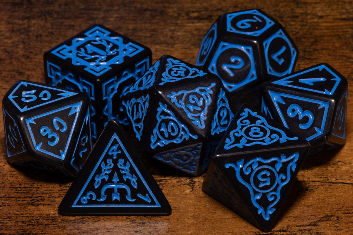 Arcane Scroll 7-Piece Acrylic Dice Set – Black with Blue Engraving