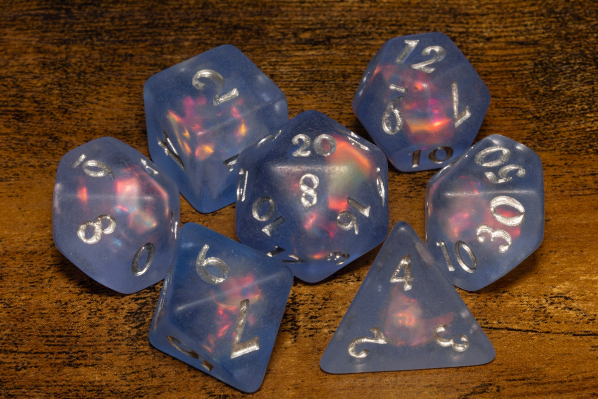 Frost Faerie Opal 7-Piece Dice Set – Frosted Blue with Holographic Foil