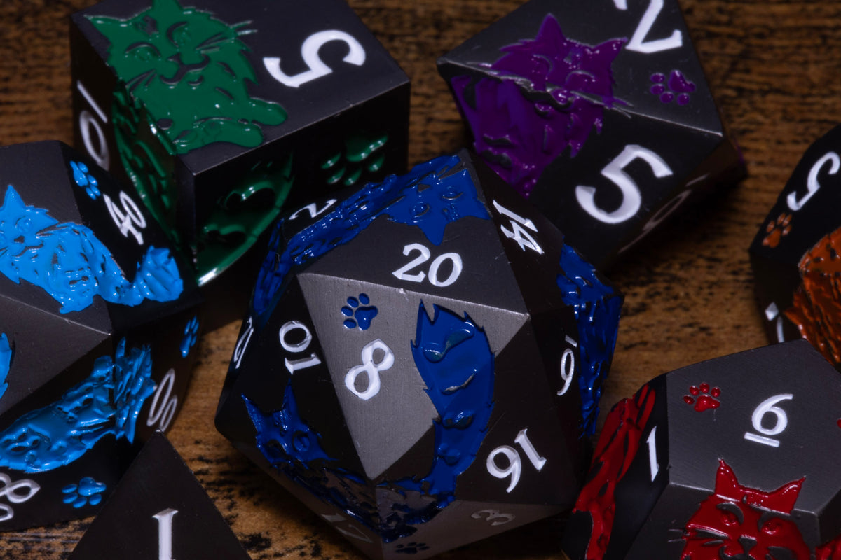 Dragoncore 7-Piece Metal Dice Set – Black with Purple Dragons