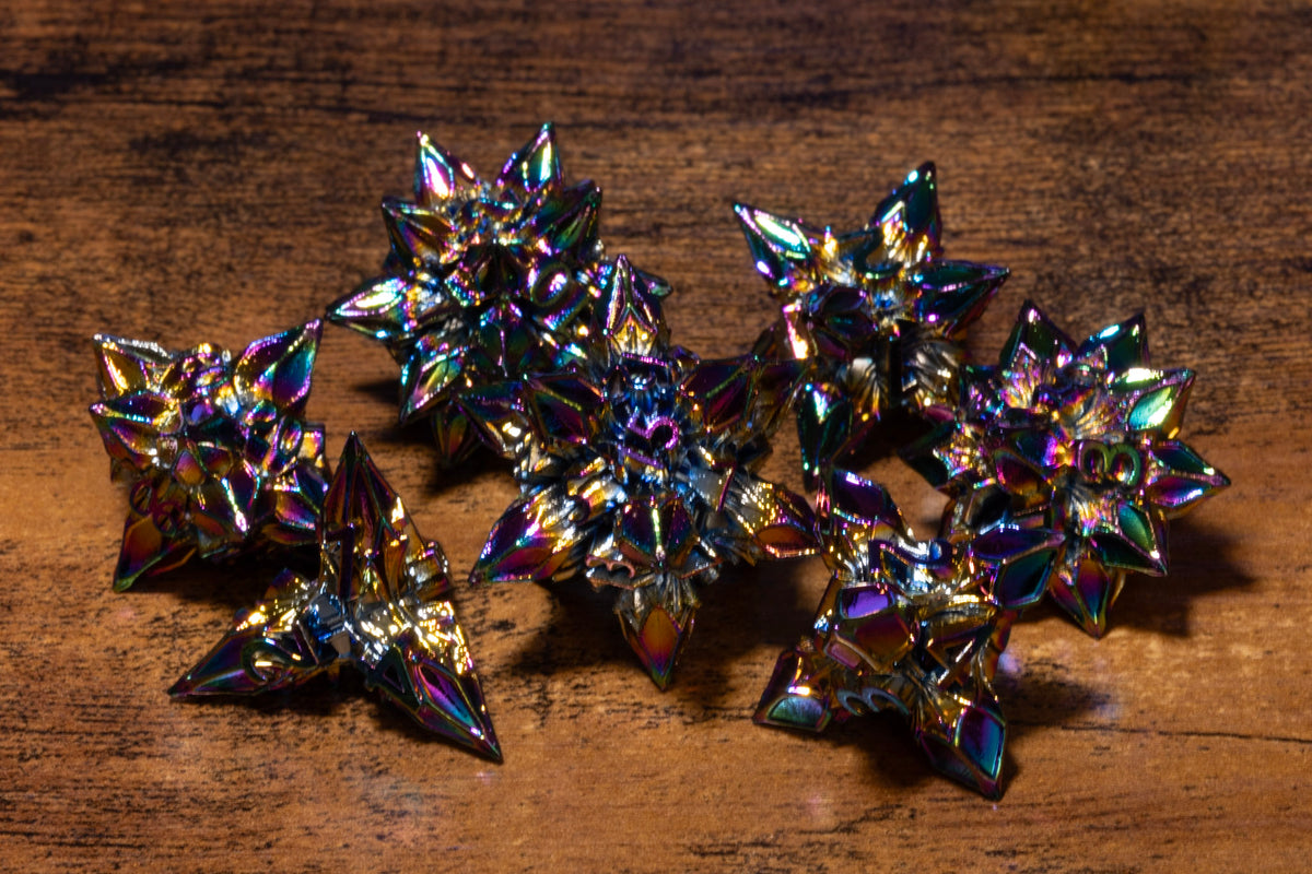 Blooming Stars 7-Piece Metal Dice Set – Rainbow Iridescent