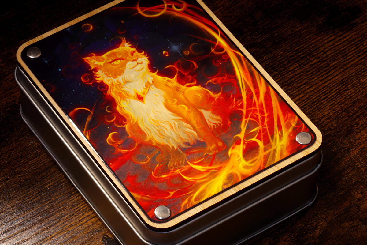 Flameborn Cat Dice Box with 11-Piece Orange Cat Dice Set - The Wizard's Vault