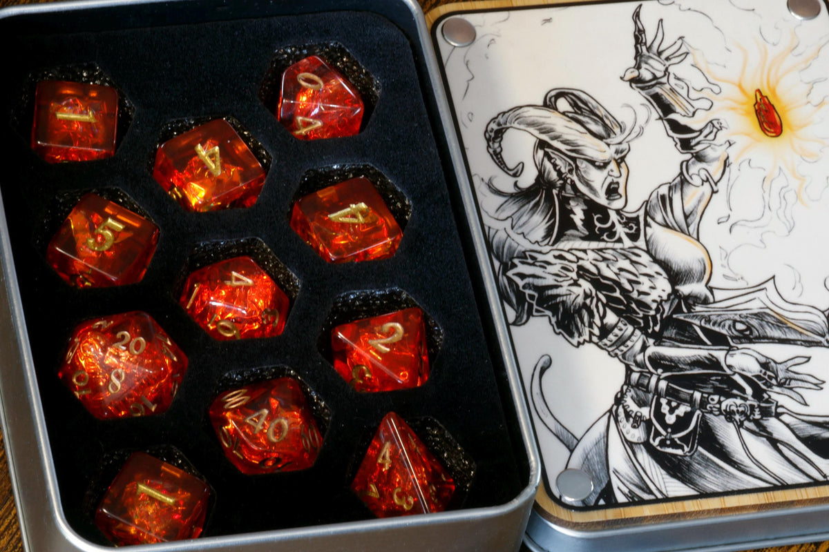 Pyromancer Ritual Dice Box and  11-Piece Fire Opal Dice Set - The Wizard's Vault