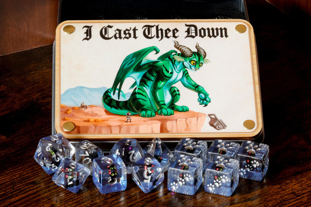 I Cast Thee Down | Dragon Cat Dice Box & Black Cat Dice Set | 11-Piece - The Wizard's Vault