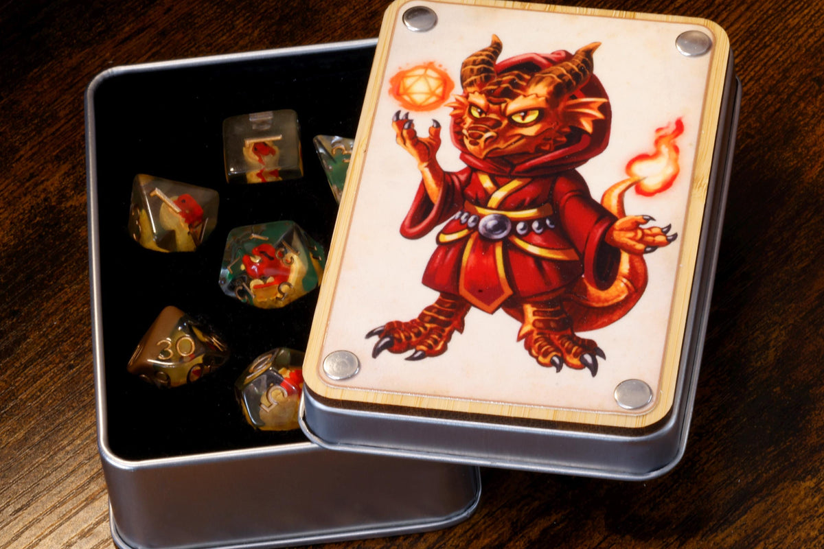 Fire Sorcerer Dragonborn Box and Red Dragon Hatchling Dice Set - The Wizard's Vault