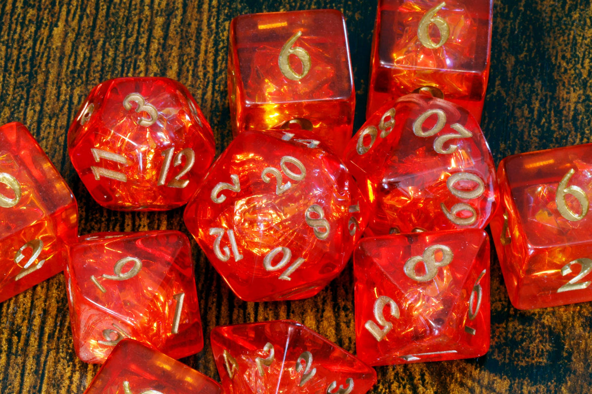 Pyromancer Ritual Dice Box and  11-Piece Fire Opal Dice Set - The Wizard's Vault