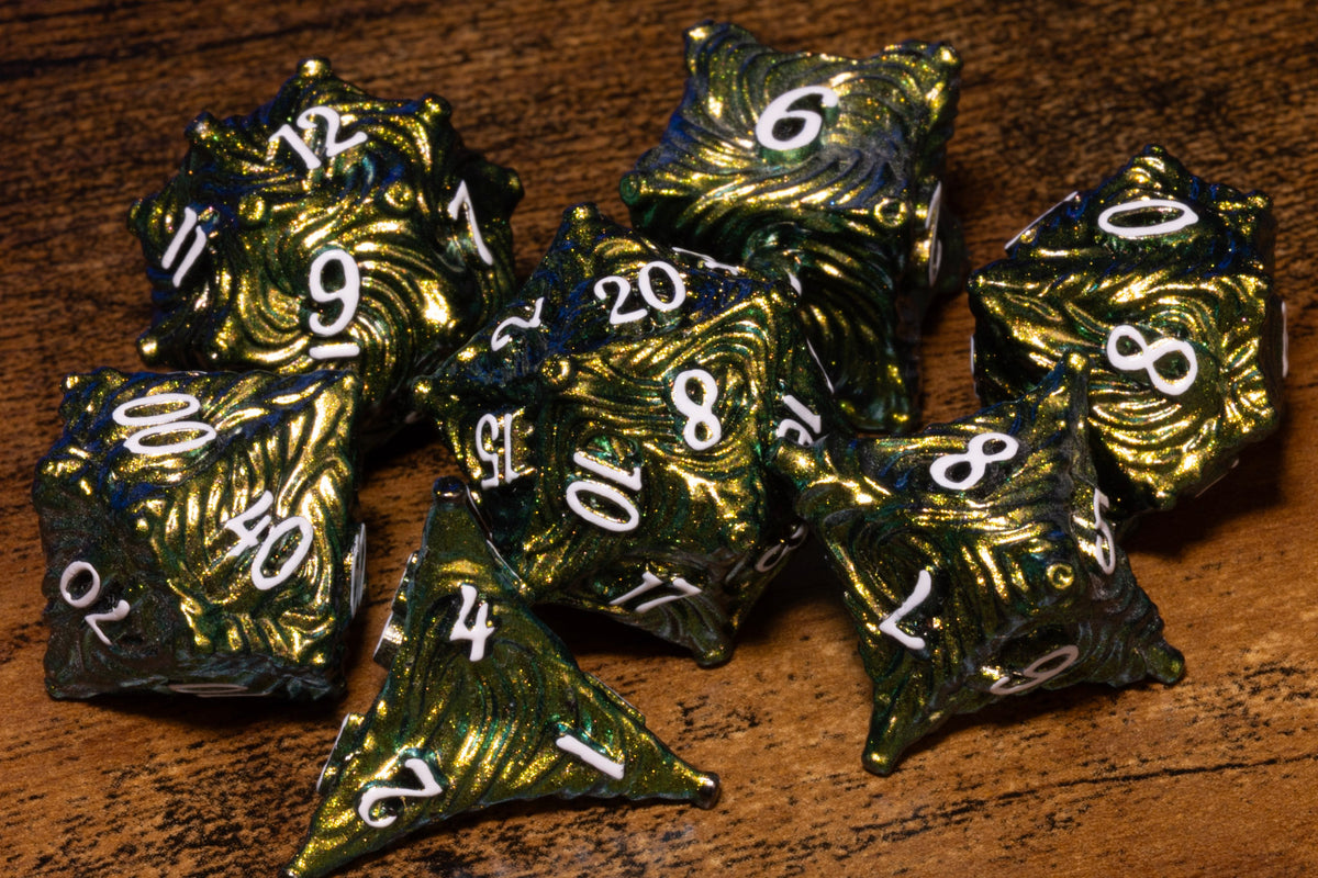 Vortex 7-Piece Metal Dice Set – Lime Green with White Numbers