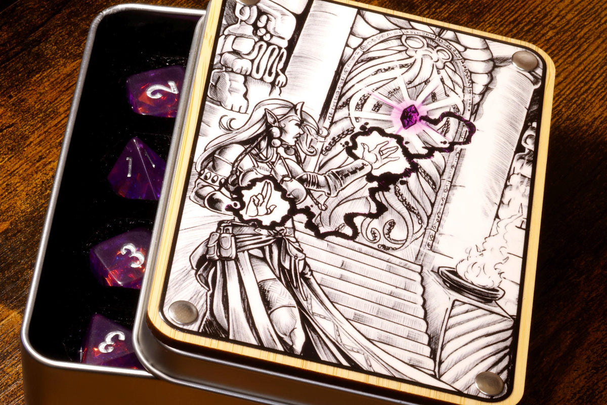 Eldritch Portal Dice Box & Polyhedral Dice Set, Old-School DnD Style Artwork - The Wizard's Vault