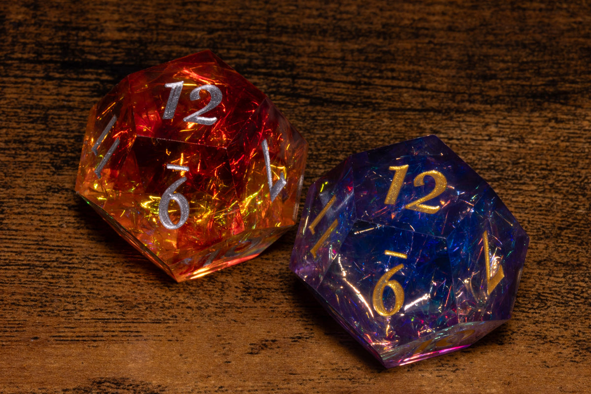 Hope & Fear D12 Set – Fire Opal + Sacred Amethyst – Sharp-Edge Resin Duality Dice for Daggerheart