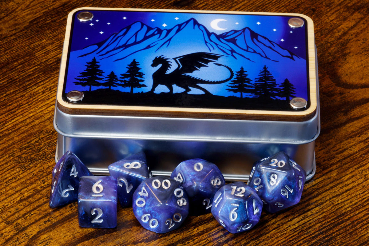 Lunar Dragon dice box with Dreamveil opal dice set - The Wizard's Vault
