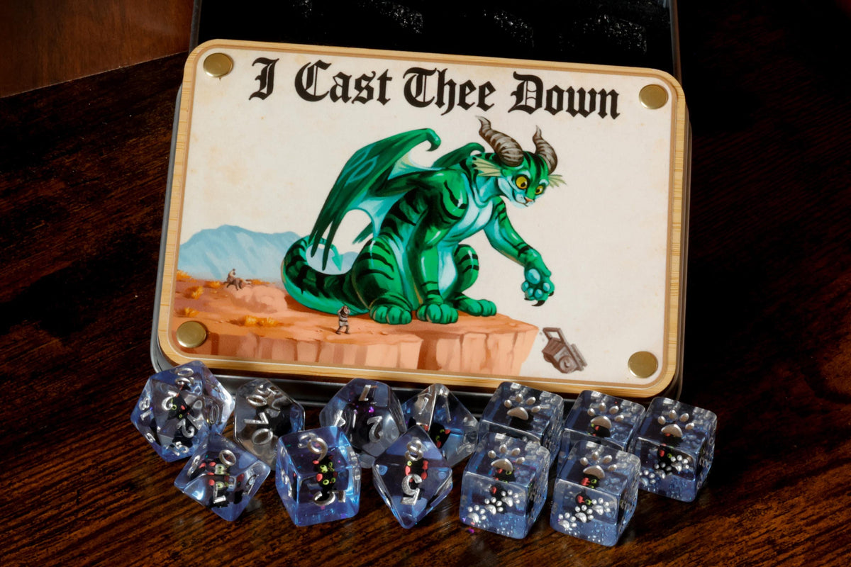 I Cast Thee Down | Dragon Cat Dice Box & Black Cat Dice Set | 11-Piece - The Wizard's Vault