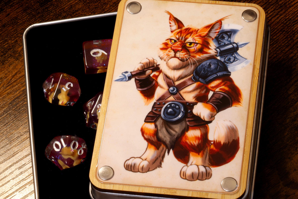 Barbarian Dice Box with Orange Tabby Dice Set - The Wizard's Vault