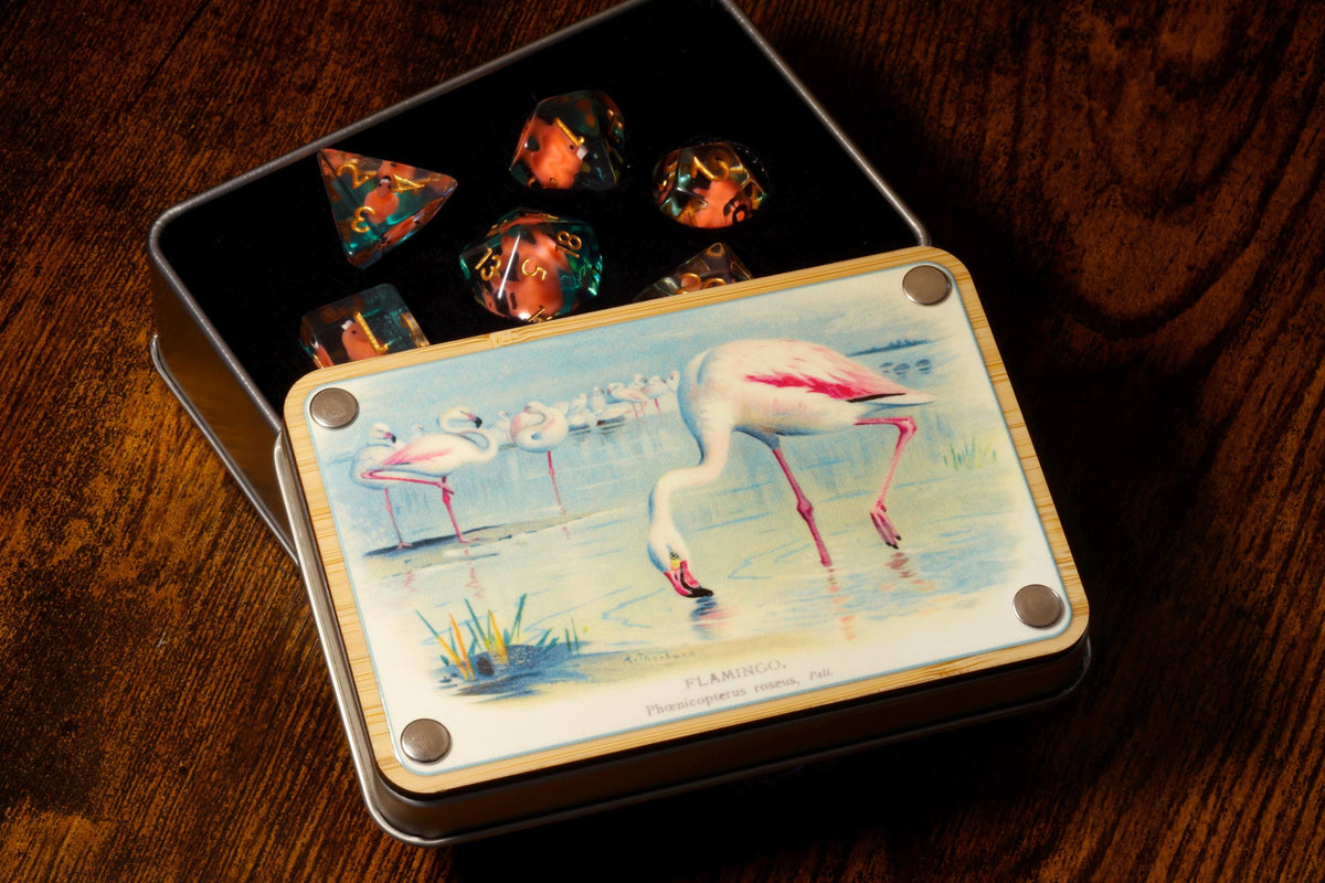 Natural History flamingoes dice box and set - The Wizard's Vault