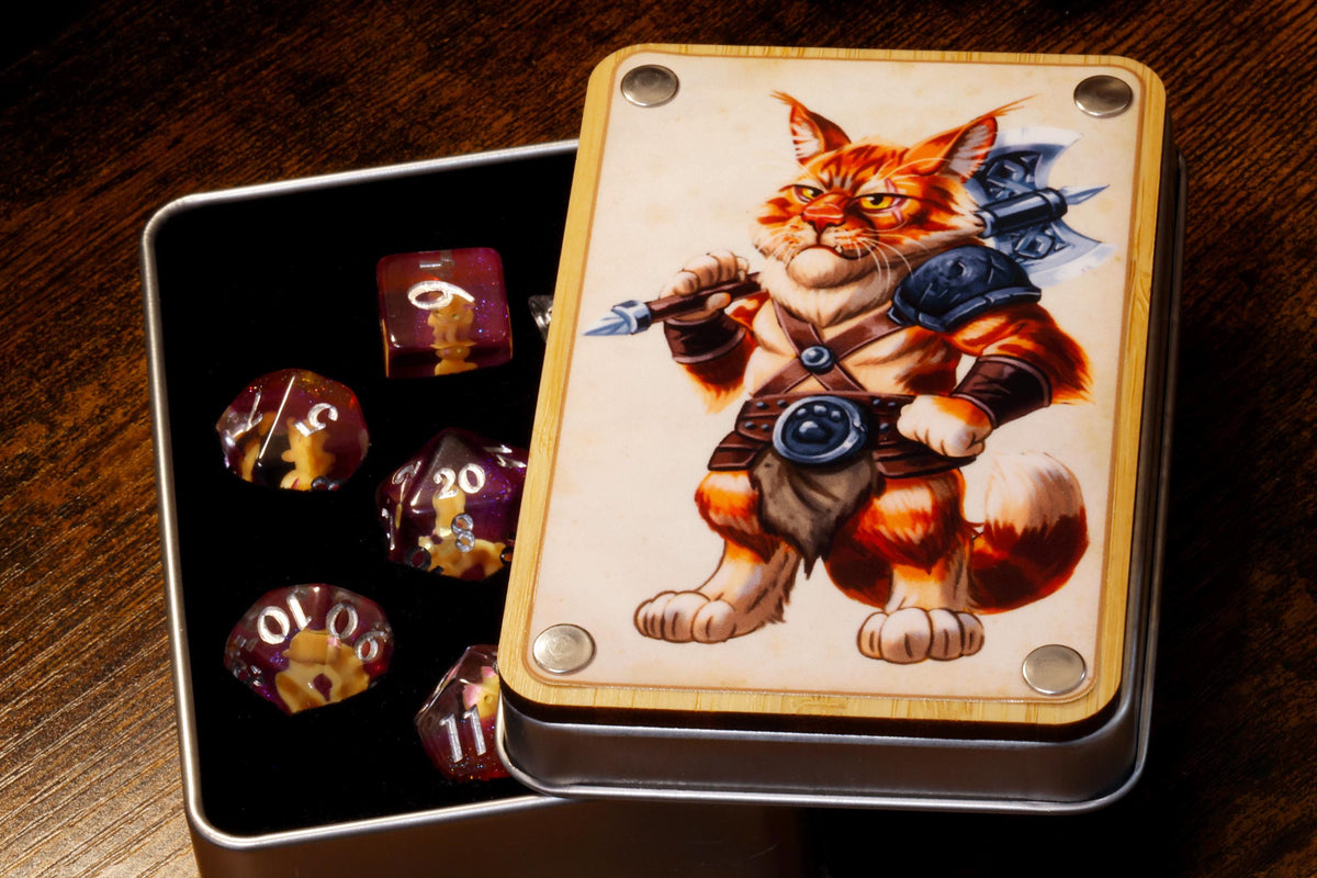 Barbarian Dice Box with Orange Tabby Dice Set - The Wizard's Vault