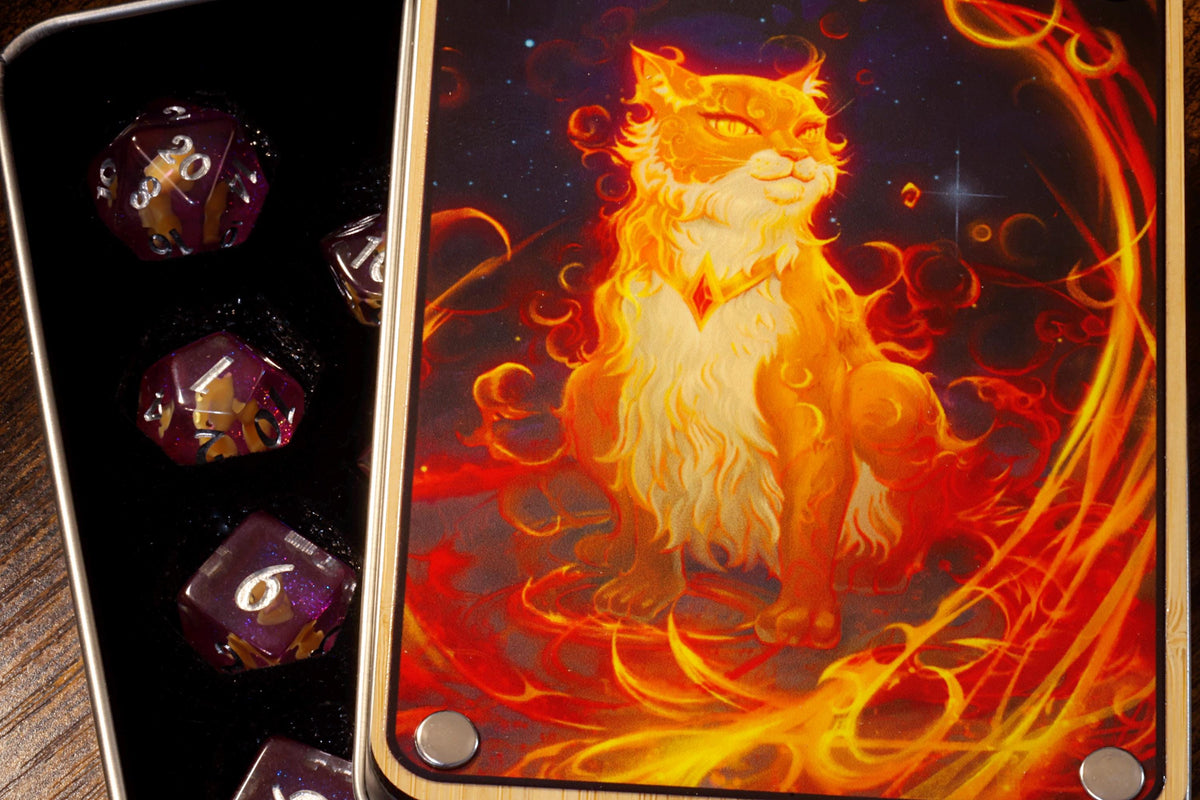 Flameborn Cat Dice Box with 11-Piece Orange Cat Dice Set - The Wizard's Vault