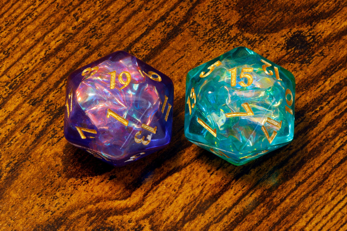 Arcane Opal Large D20 Dice – Frosted Purple & Turquoise with Holographic Foil