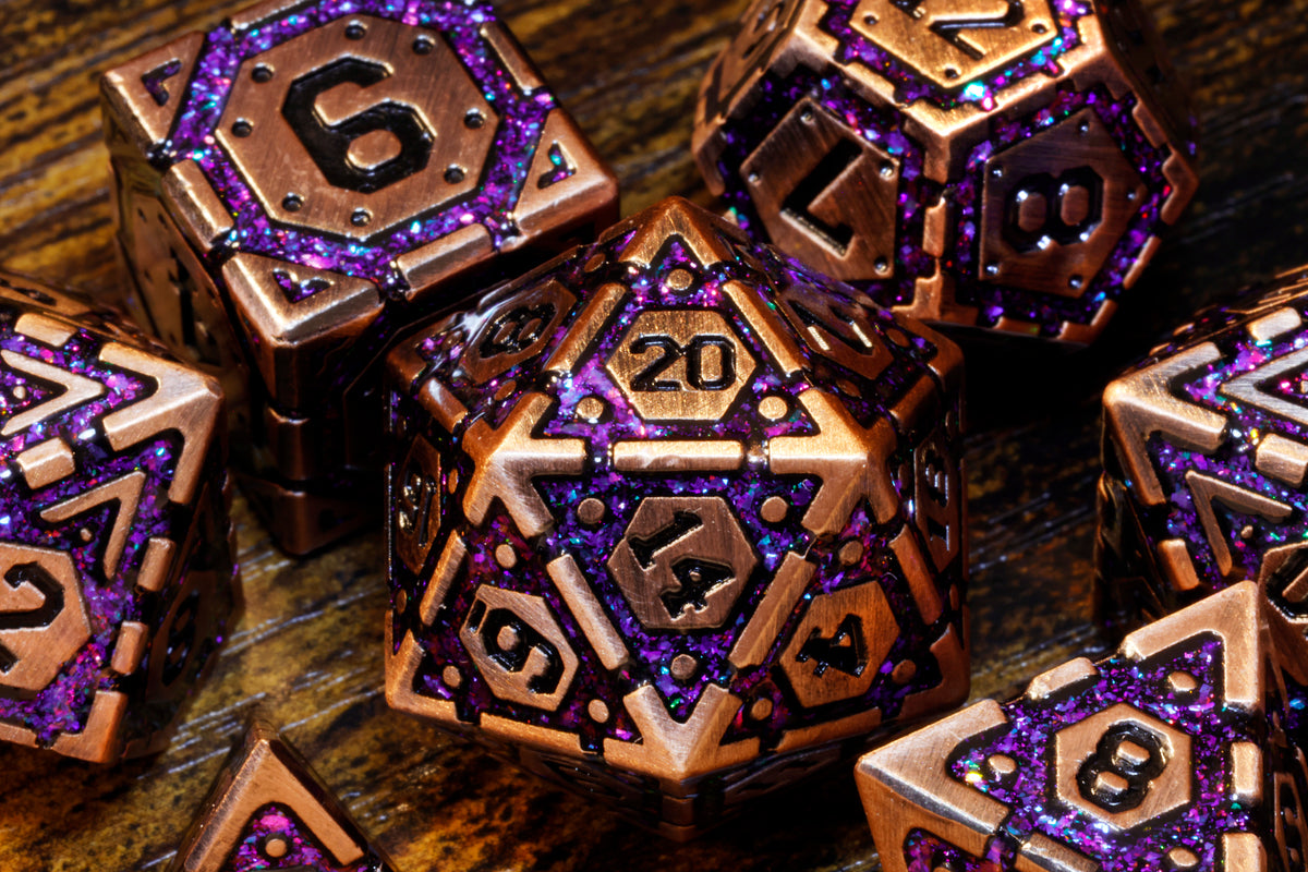 Stellar Artifact Vault dice set- Heavy Copper metal dice with blue iridescent mica - The Wizard's Vault