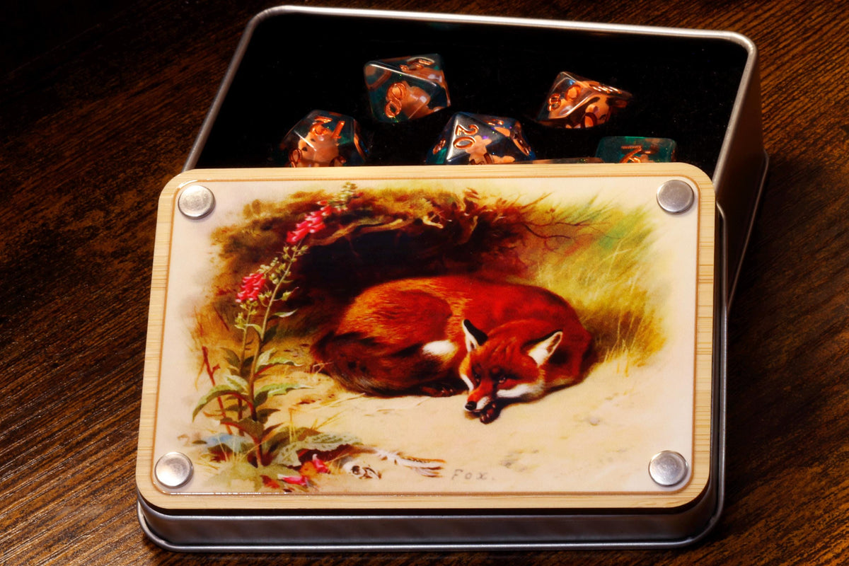 Natural History Resting Fox Dice box and dice set - The Wizard's Vault