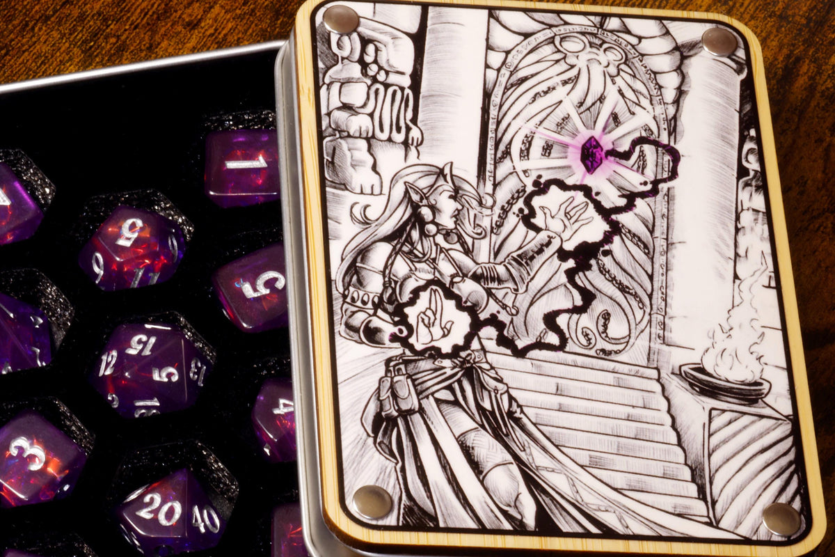 Eldritch Portal Dice Box & Polyhedral Dice Set, Old-School DnD Style Artwork - The Wizard's Vault