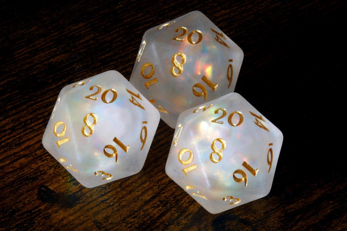Paladin's Oath Large D20 Dice – Set of 3, Frosted White with Holographic Foil