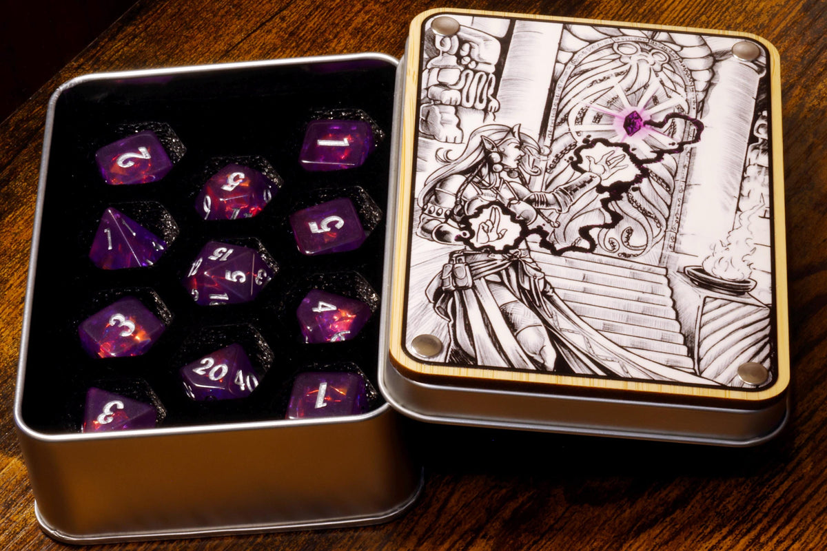 Eldritch Portal Dice Box & Polyhedral Dice Set, Old-School DnD Style Artwork - The Wizard's Vault