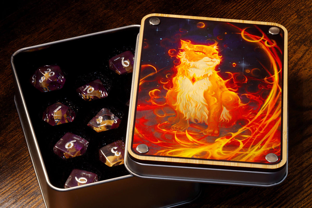Flameborn Cat Dice Box with 11-Piece Orange Cat Dice Set - The Wizard's Vault