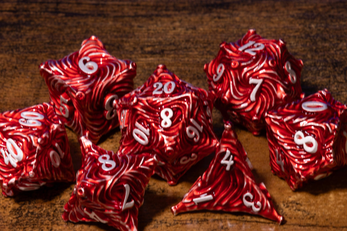 Vortex 7-Piece Metal Dice Set – Red with White Numbers