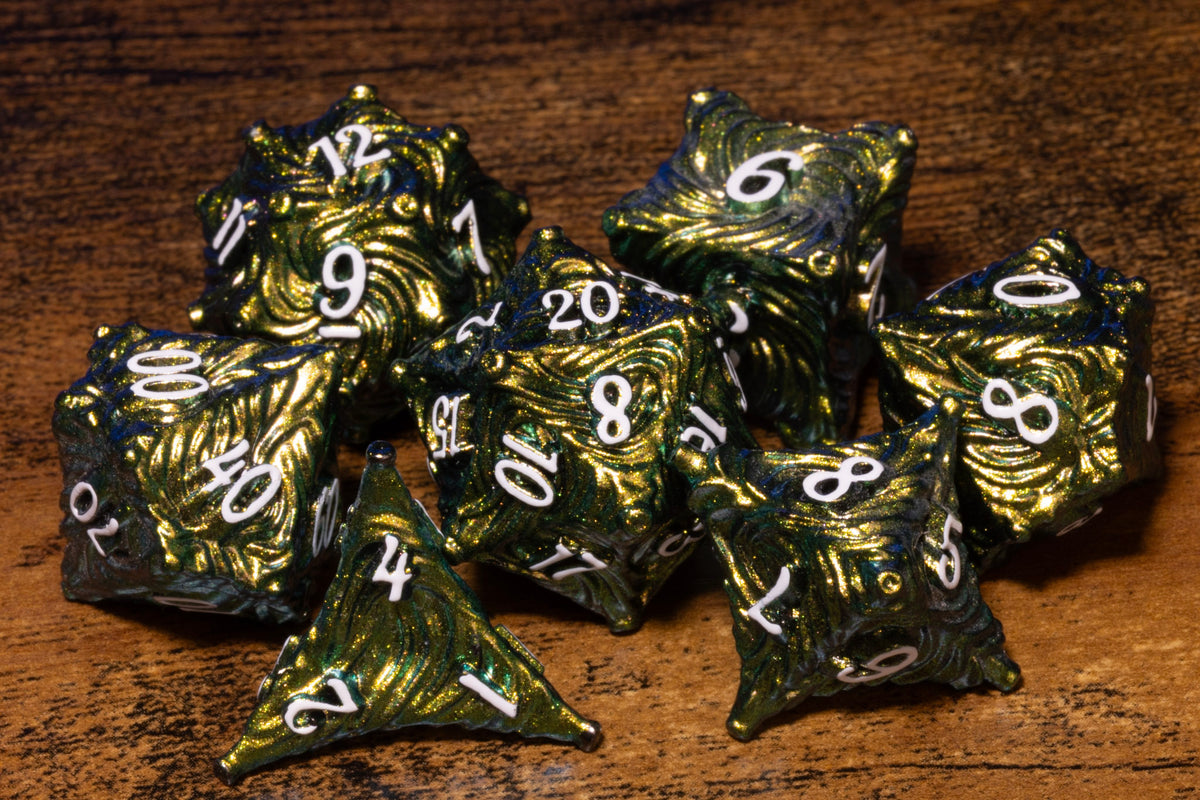 Vortex 7-Piece Metal Dice Set – Lime Green with White Numbers