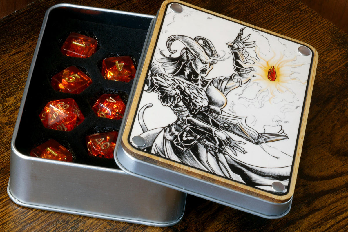 Pyromancer Ritual Dice Box and  11-Piece Fire Opal Dice Set - The Wizard's Vault