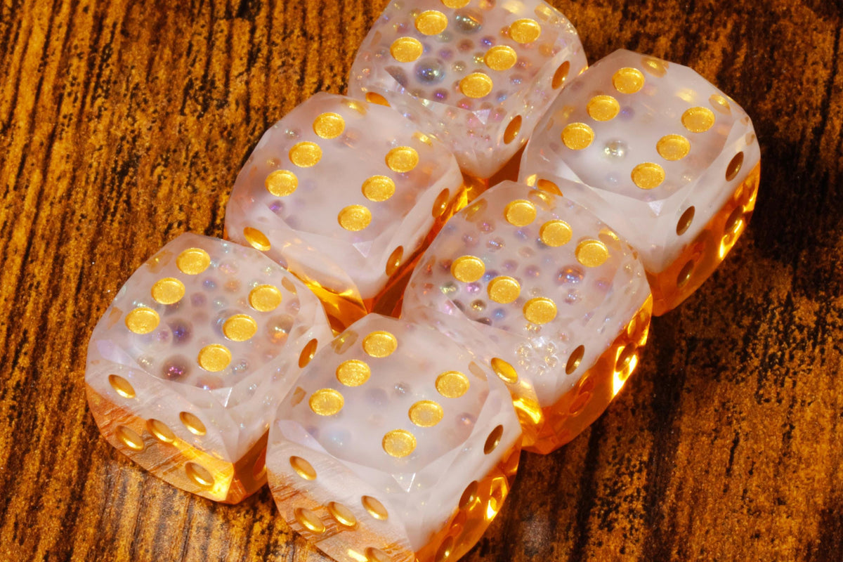 Bard's Brew sharp-edge PIP D6 dice with beer-inspired resin and holographic foil