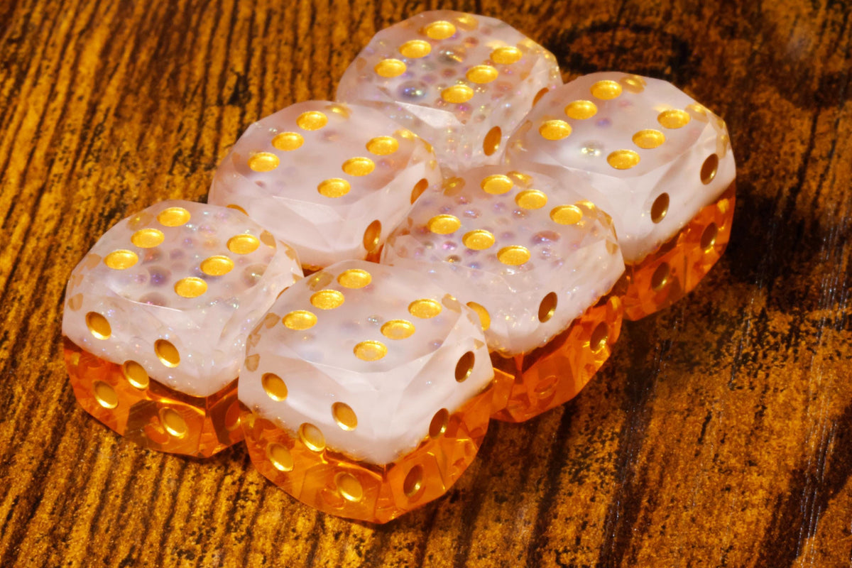 Bard's Brew sharp-edge PIP D6 dice with beer-inspired resin and holographic foil