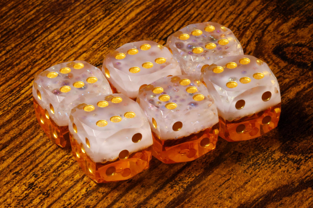 Bard's Brew sharp-edge PIP D6 dice with beer-inspired resin and holographic foil