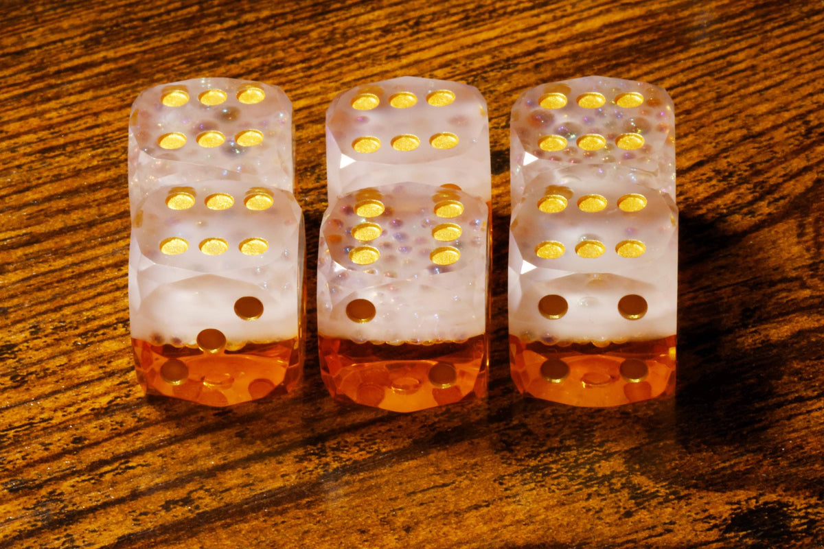 Bard's Brew sharp-edge PIP D6 dice with beer-inspired resin and holographic foil