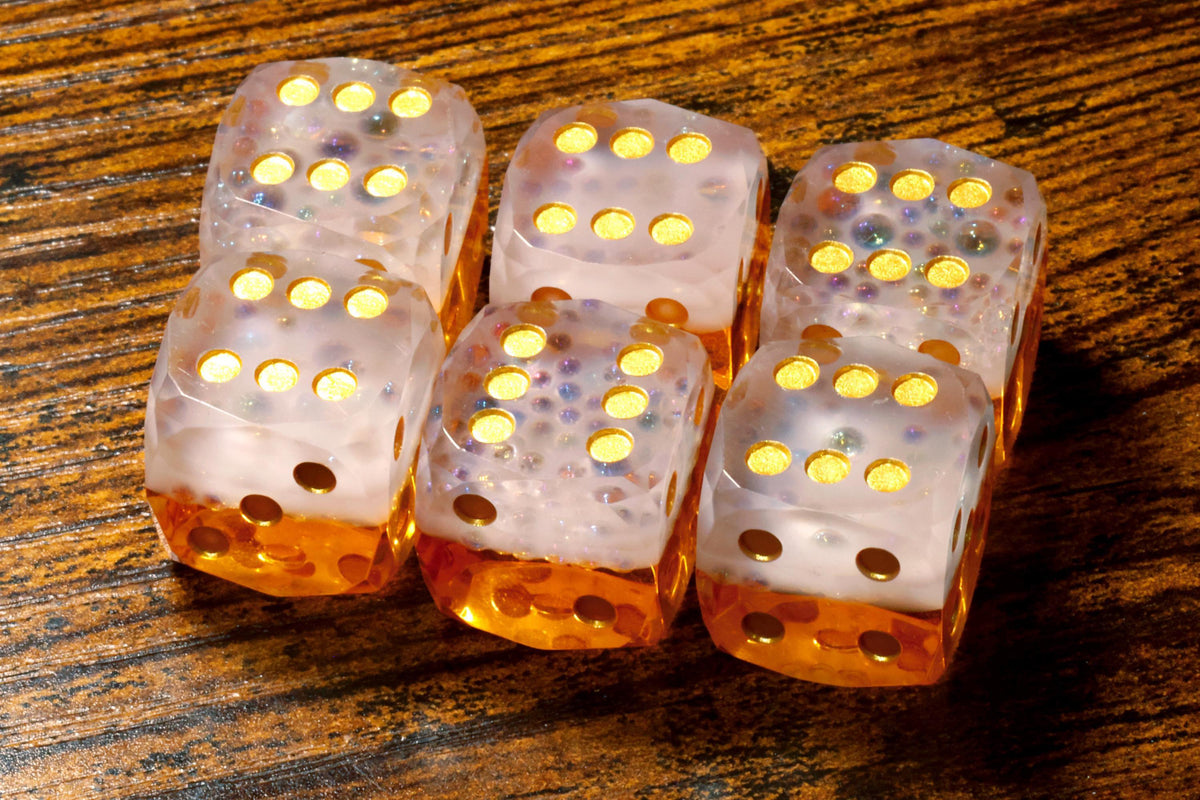 Bard's Brew sharp-edge PIP D6 dice with beer-inspired resin and holographic foil