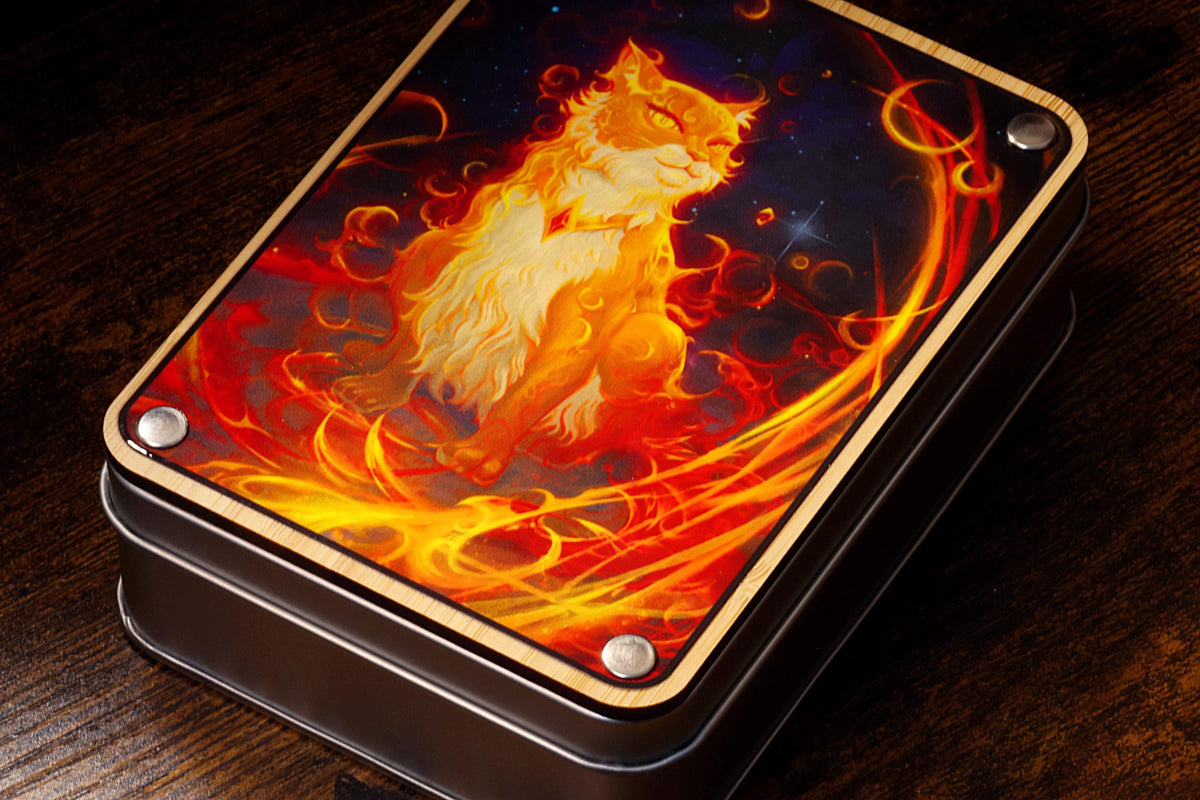 Flameborn Cat Dice Box with 11-Piece Orange Cat Dice Set - The Wizard's Vault