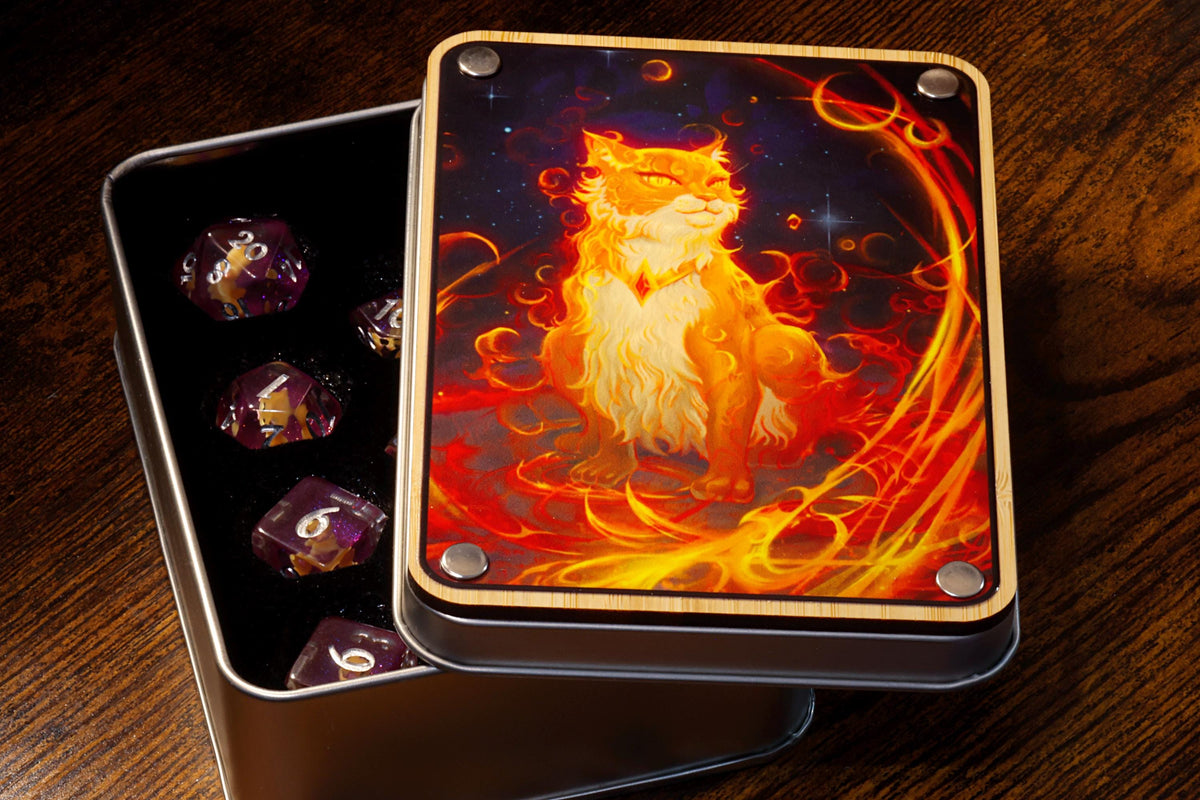 Flameborn Cat Dice Box with 11-Piece Orange Cat Dice Set - The Wizard's Vault