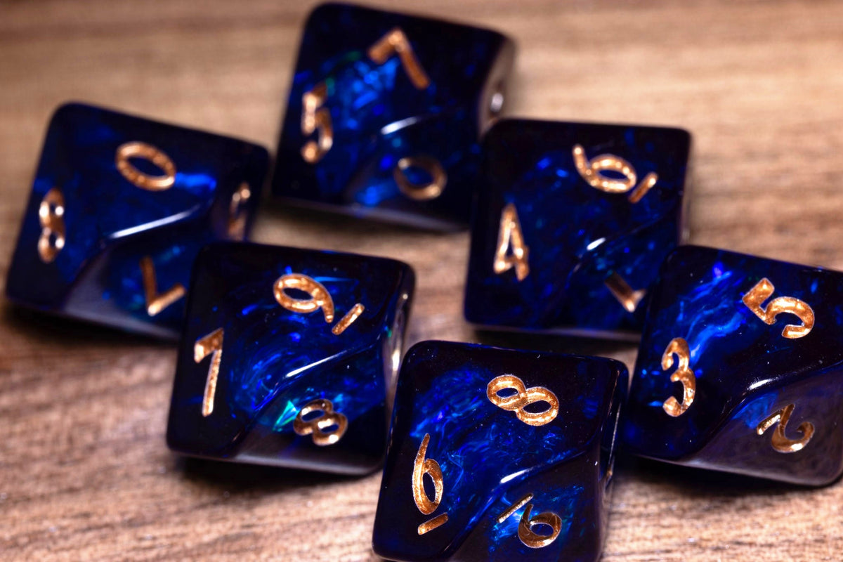 Cobalt Opal D10 Dice – Dark Blue Holographic Foil, Gold Font - The Wizard's Vault