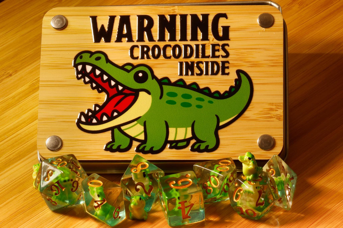 Crocodile – Ensemble de dés et boîte – Inclusions de crocodiles verts