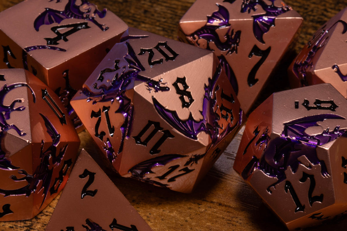 Dragoncore 7-Piece Metal Dice Set – Copper with Purple Dragons – photo 1