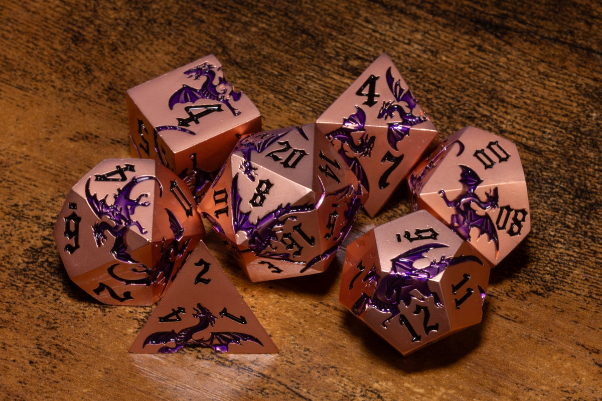 Dragoncore 7-Piece Metal Dice Set – Copper with Purple Dragons – photo 4