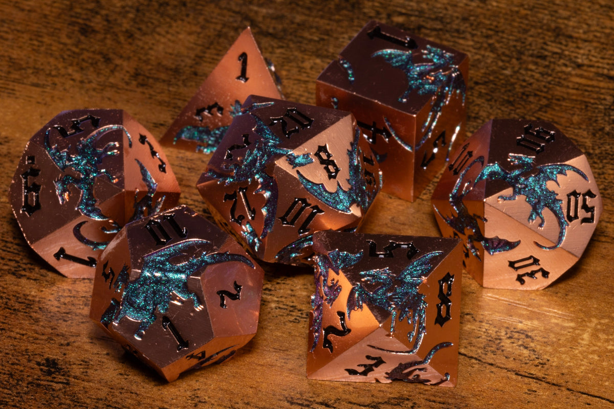 Dragoncore 7-Piece Metal Dice Set – Copper with Purple-Green Color-Shifting Dragons – photo 2