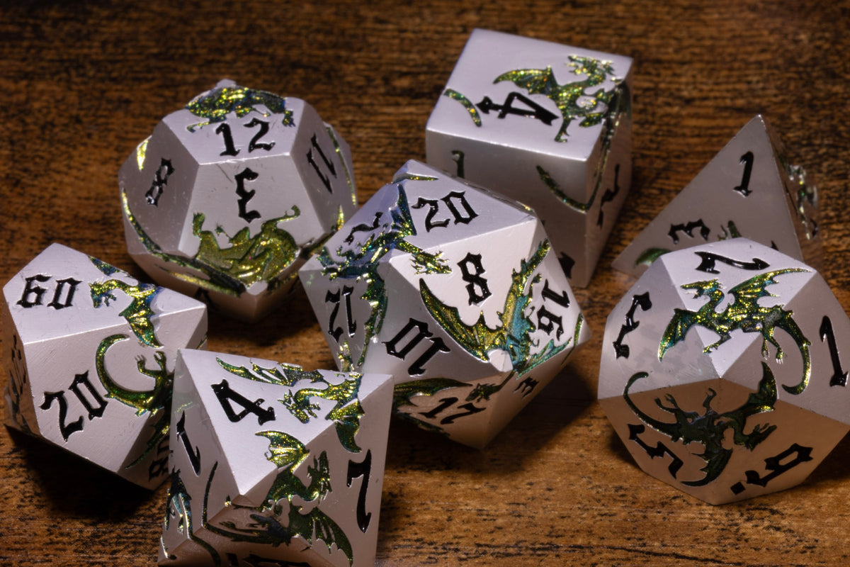 Dragoncore 7-Piece Metal Dice Set – Pearl Silver with Green Dragons – photo 3