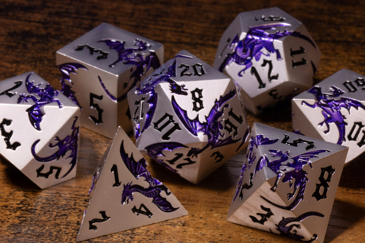 Dragoncore 7-Piece Metal Dice Set – Silver with Purple Dragons – photo 5
